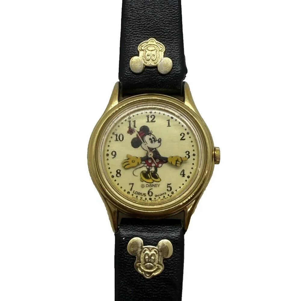 Vtg Lorus Disney World Minnie Mouse Quartz Watch V515-6080 Rotating Hands Black